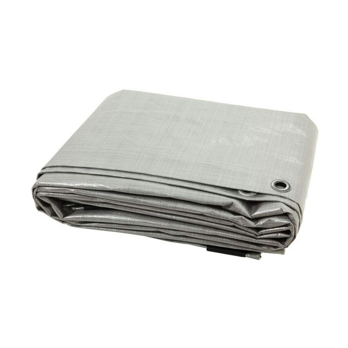 6 x 8 m Tarpaulin Waterproof Heavy Duty Cover Ground Sheet Camping with 4 Tarp Clips + 10m / 30ft Bungee Cord (Silver - 90GSM)