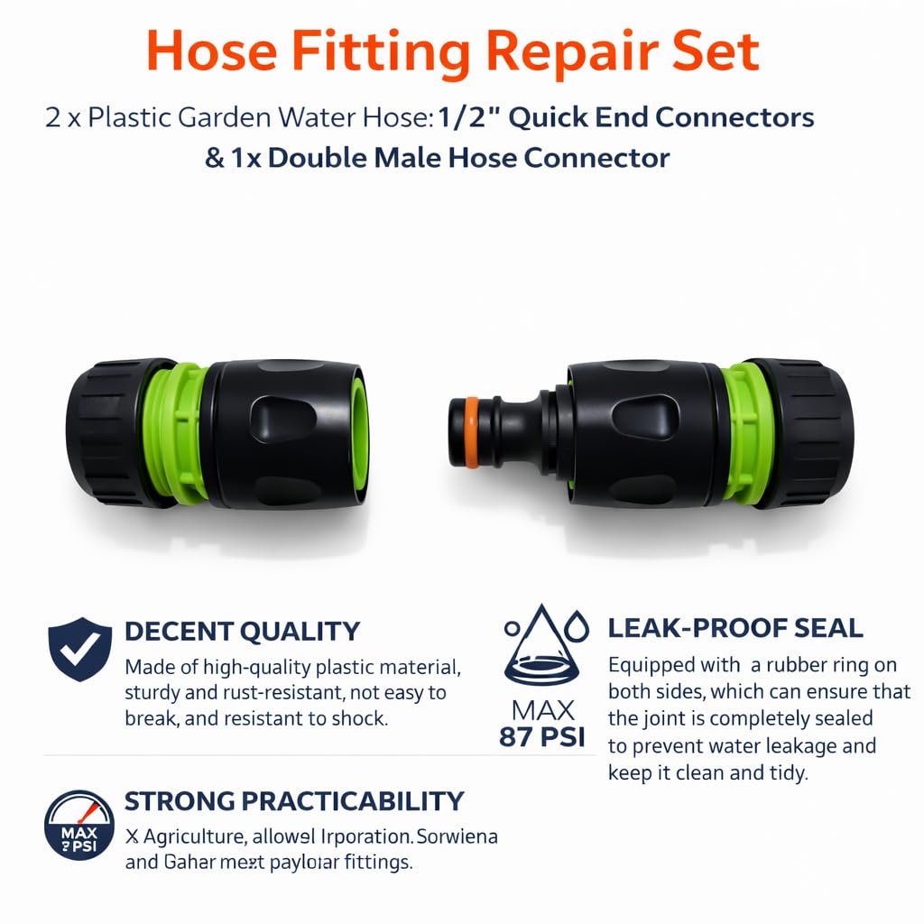 Hose Repair Set 1/2 Inch Quick Connectors - 2 End Hose Fittings Plus Double Male Joiner - Hozelock Gardena Compatible - Green