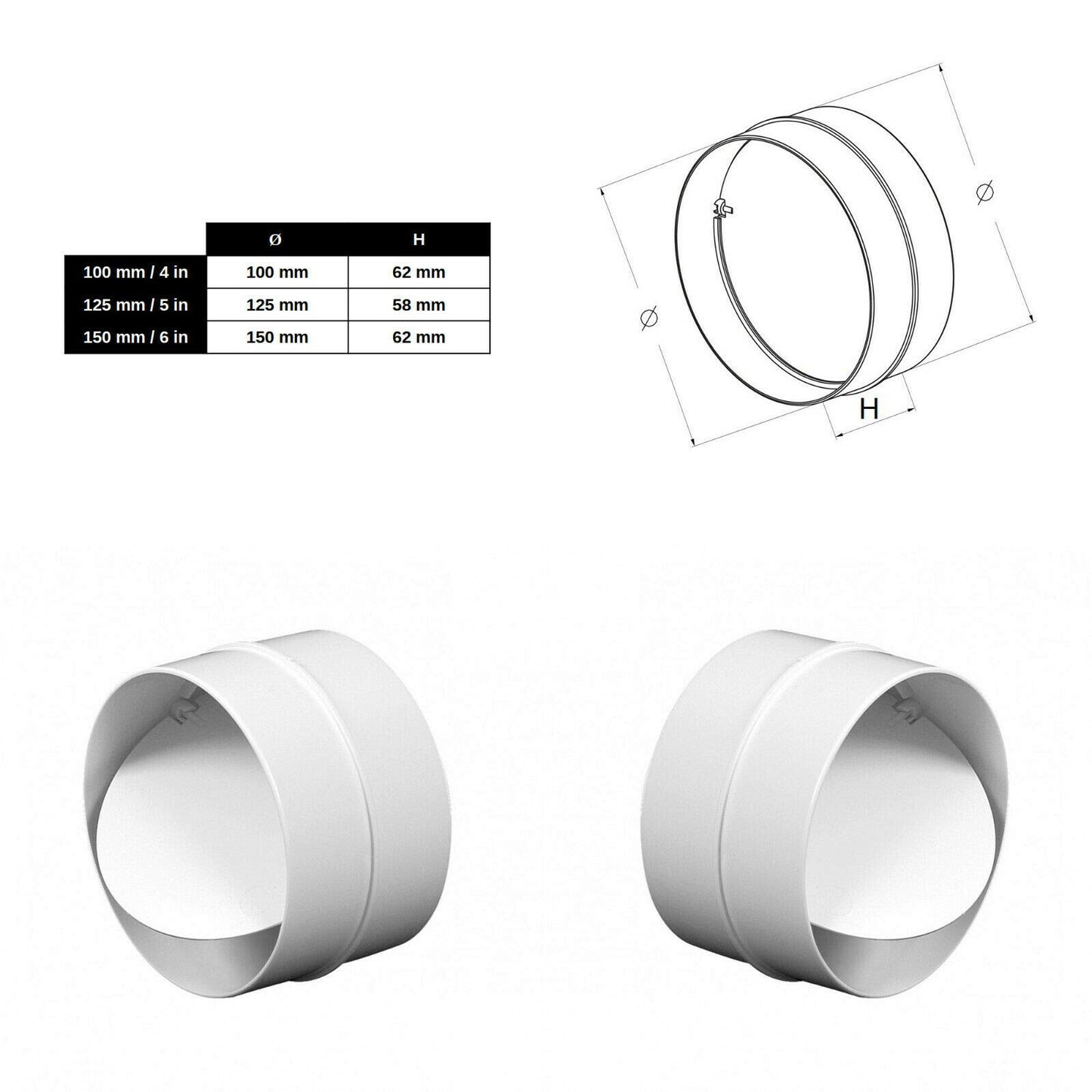 100 mm / 4 in Anti Backdraft Non-Return Pipe Connection White PVC Round Grille