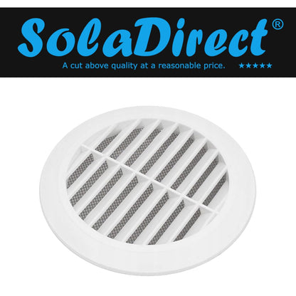 White Louvred Wall Vent Grille with Flyscreen for 125 mm / 5" Round Wall Outlet - Air Ventilation Duct Cover with Flange