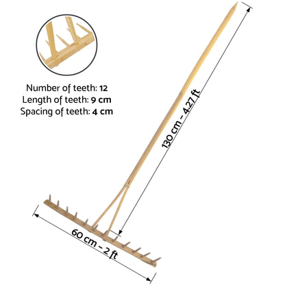 Wooden Agricultural Farming Garden Rake - 12 Teeth, 60 cm Wide, 130 cm Long - Lightweight and Durable Beech Wood Rake