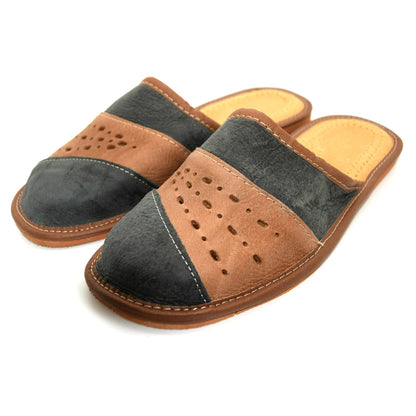 Men's Eco Leather Slippers Shoes Comfort Sandals Slip On Mules Graphite and Brown (Size UK 9 / EU 43)