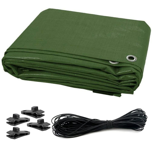 3 x 3 m Tarpaulin Waterproof Heavy Duty Cover Ground Sheet Camping with 4 Tarp Clips + 10m / 30ft Bungee Cord (Green - 90GSM)