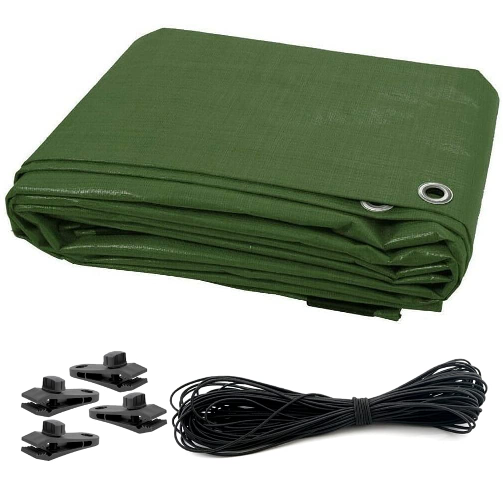 1.5 x 2 m Tarpaulin Waterproof Heavy Duty Cover Ground Sheet Camping with 4 Tarp Clips + 10m / 30ft Bungee Cord (Green - 90GSM)