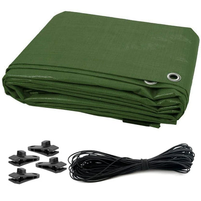 1.5 x 2 m Tarpaulin Waterproof Heavy Duty Cover Ground Sheet Camping with 4 Tarp Clips + 10m / 30ft Bungee Cord (Green - 90GSM)