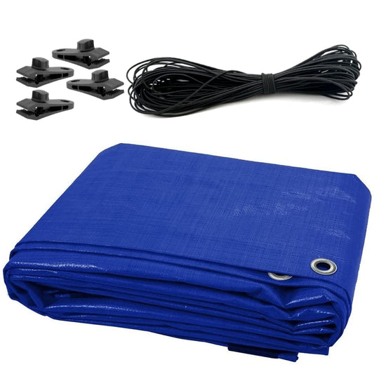 8 x 10m Tarpaulin Waterproof Cover Ground Sheet Camping with 4 Tarp Clips + 10m / 30ft Bungee Cord (Blue - 55GSM)
