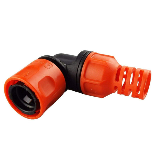 Angled Hose Connector with Hose Protector for Hose Reel Cart Prevents Kinking