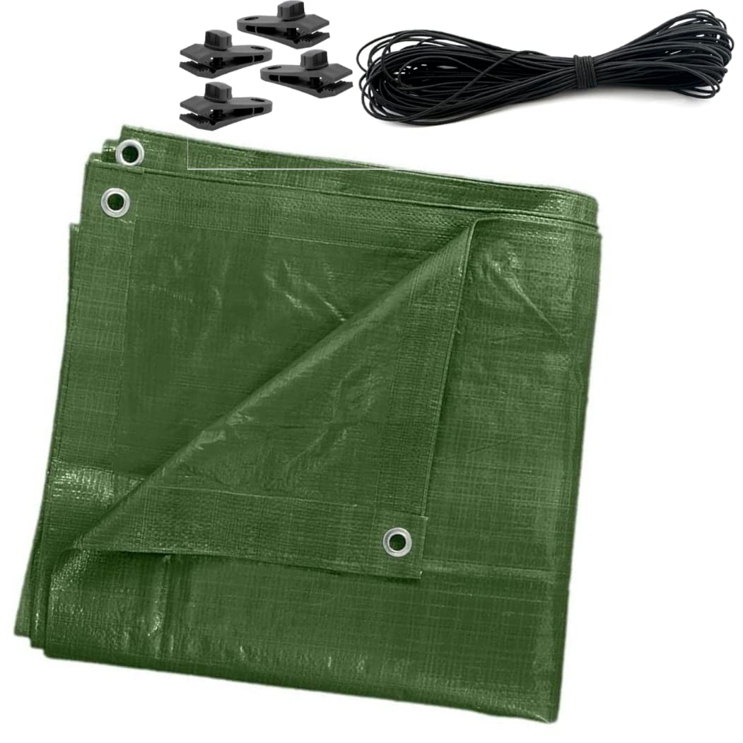 1.5 x 2 m Tarpaulin Waterproof Heavy Duty Cover Ground Sheet Camping with 4 Tarp Clips + 10m / 30ft Bungee Cord (Green - 90GSM)