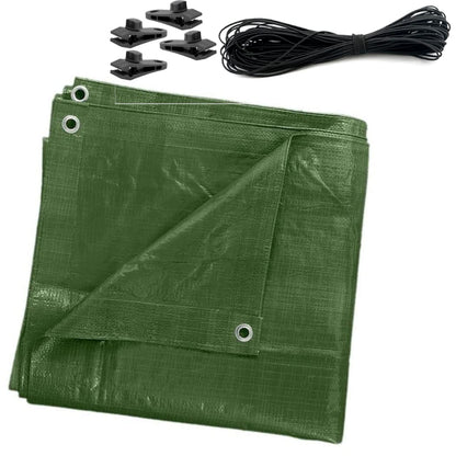 2 x 2 m Tarpaulin Waterproof Heavy Duty Cover Ground Sheet Camping with 4 Tarp Clips + 10m / 30ft Bungee Cord (Green - 90GSM)