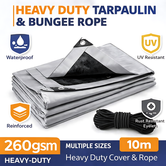 Heavy Duty Silver Tarpaulin 3 x 5 m 260 GSM Waterproof Weather Resistant Poly Tarp, Reinforced Edges & Eyelets, 10m Bungee