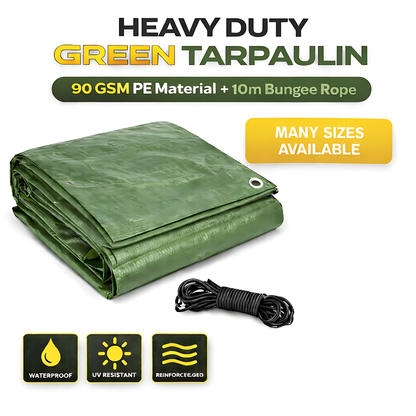 Green Tarpaulin 4 x 8 m 90 GSM Waterproof UV Resistant PE Tarp Sheet, Aluminium Eyelets, Reinforced Edges, 10m Bungee