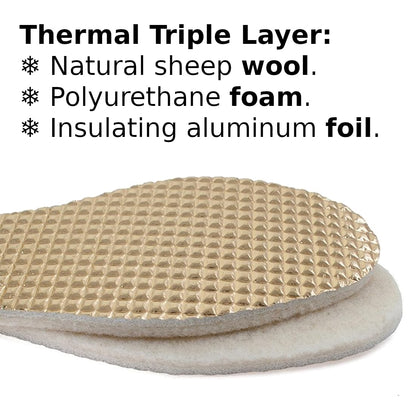 Insulating Shoe Inserts Insoles, Warm Shoe Thermal Triple Layer, Sheep Wool + Insulating Foam + Aluminium Foil (UK 6.5 / EU 40)
