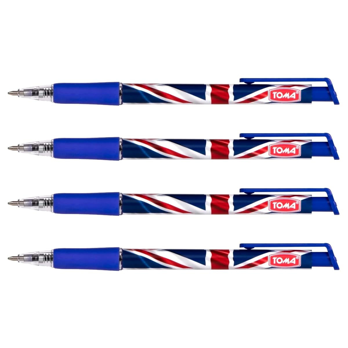 Ballpoint Pens with the United Kingdom Flag / Union Jack Motive, Pack of 4, Blue Ink, Retractable Smudge Free Pens, 0.5 mm Point