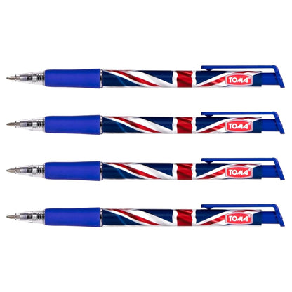 Ballpoint Pens with the United Kingdom Flag / Union Jack Motive, Pack of 4, Blue Ink, Retractable Smudge Free Pens, 0.5 mm Point
