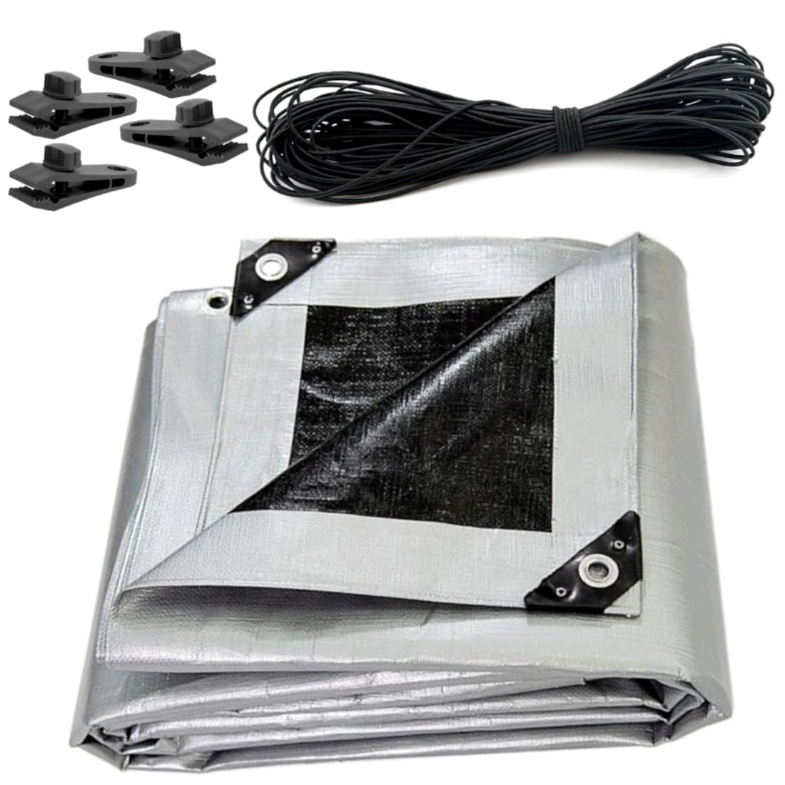 1.5 x 2 m Tarpaulin Cover Heavy-Duty 260GSM Extra Thick, Waterproof, Frost-Resistant + 4 Tarp Clips + 10m / 30ft Bungee Cord
