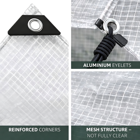 Clear Mesh Tarpaulin 1.5 x 2 m 100 GSM Waterproof Transparent UV Resistant Poly Mesh Cover, Aluminium Eyelets, 10m Bungee