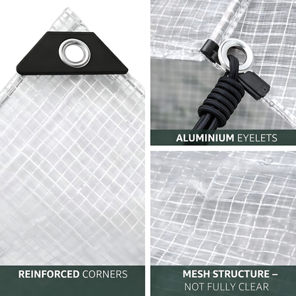 Clear Mesh Tarpaulin 6 x 10 m 100 GSM Waterproof Transparent UV Resistant Poly Mesh Cover, Aluminium Eyelets, 10m Bungee