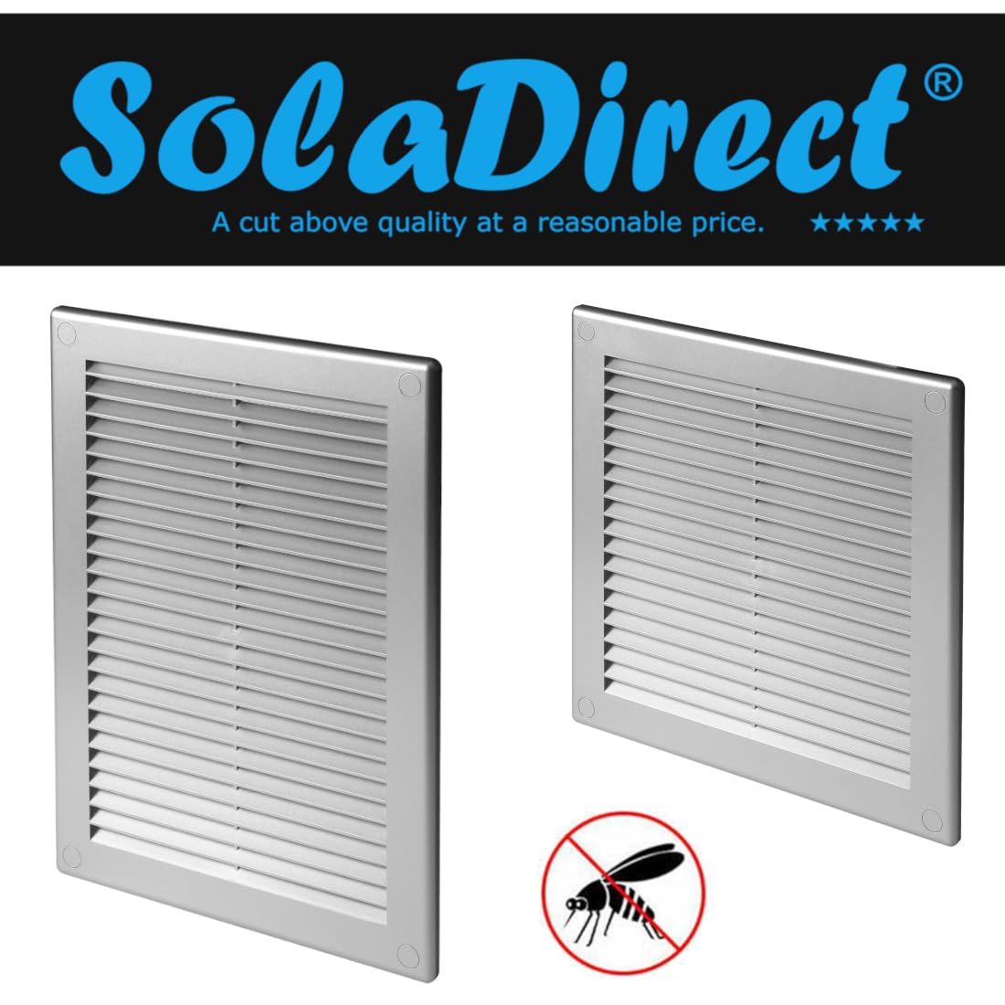 Silver Louvred Wall Vent Grille with Flyscreen and Screw Covers, 300 x 300 mm, Air Ventilation Duct Cover with Flat Back