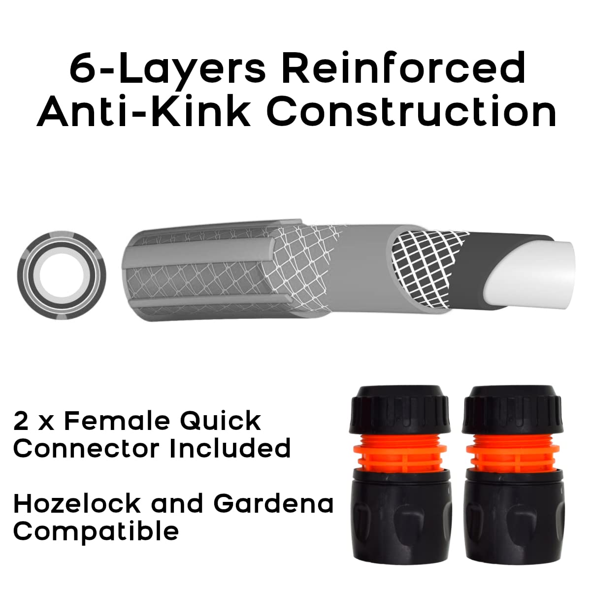 Garden Hose Pipe, Outdoor Tap to Reel Connection Set, 6 Layer Non-Toxic 1/2" Hose (Black, 2 m / 6.56 ft + 2 Quick Connectors)
