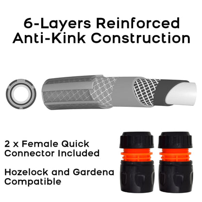 Garden Hose Pipe, Outdoor Tap to Reel Connection Set, 6 Layer Non-Toxic 1/2" Hose (Black, 2 m / 6.56 ft + 2 Quick Connectors)