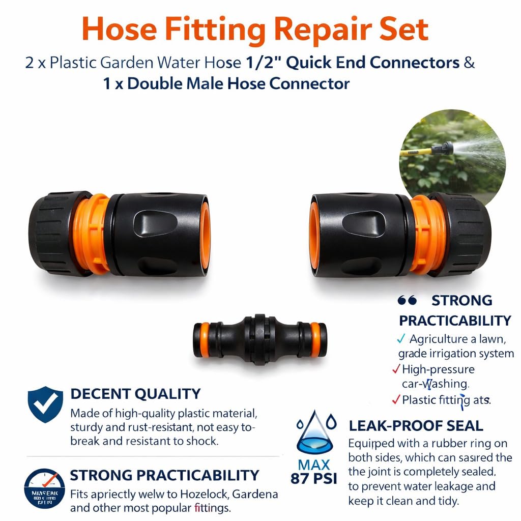 Hose Repair Set 1/2 Inch Quick Connectors - 2 End Hose Fittings Plus Double Male Joiner - Hozelock Gardena Compatible - Orange