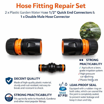 Hose Repair Set 1/2 Inch Quick Connectors - 2 End Hose Fittings Plus Double Male Joiner - Hozelock Gardena Compatible - Orange