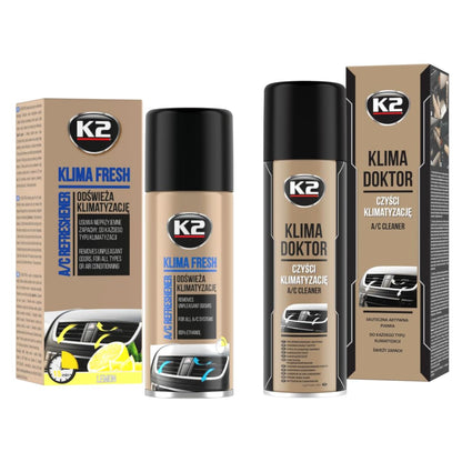 K2 Air Con Cleaner & Freshener Bundle - 500ml Foam & FRESH Lemon 150ml Bomb - Odour Eliminator for Car Air Conditioning