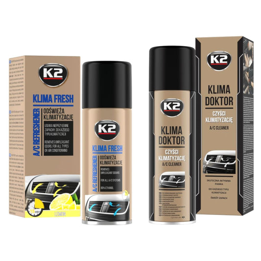 K2 Air Con Cleaner & Freshener Bundle - 500ml Foam & FRESH Lemon 150ml Bomb - Odour Eliminator for Car Air Conditioning