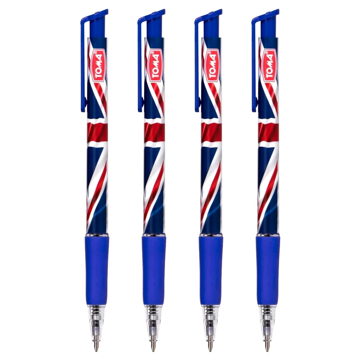 Ballpoint Pens with the United Kingdom Flag / Union Jack Motive, Pack of 4, Blue Ink, Retractable Smudge Free Pens, 0.5 mm Point