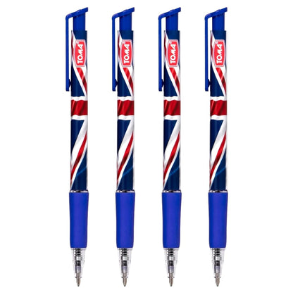 Ballpoint Pens with the United Kingdom Flag / Union Jack Motive, Pack of 4, Blue Ink, Retractable Smudge Free Pens, 0.5 mm Point