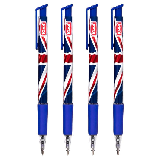 Ballpoint Pens with the United Kingdom Flag / Union Jack Motive, Pack of 4, Blue Ink, Retractable Smudge Free Pens, 0.5 mm Point