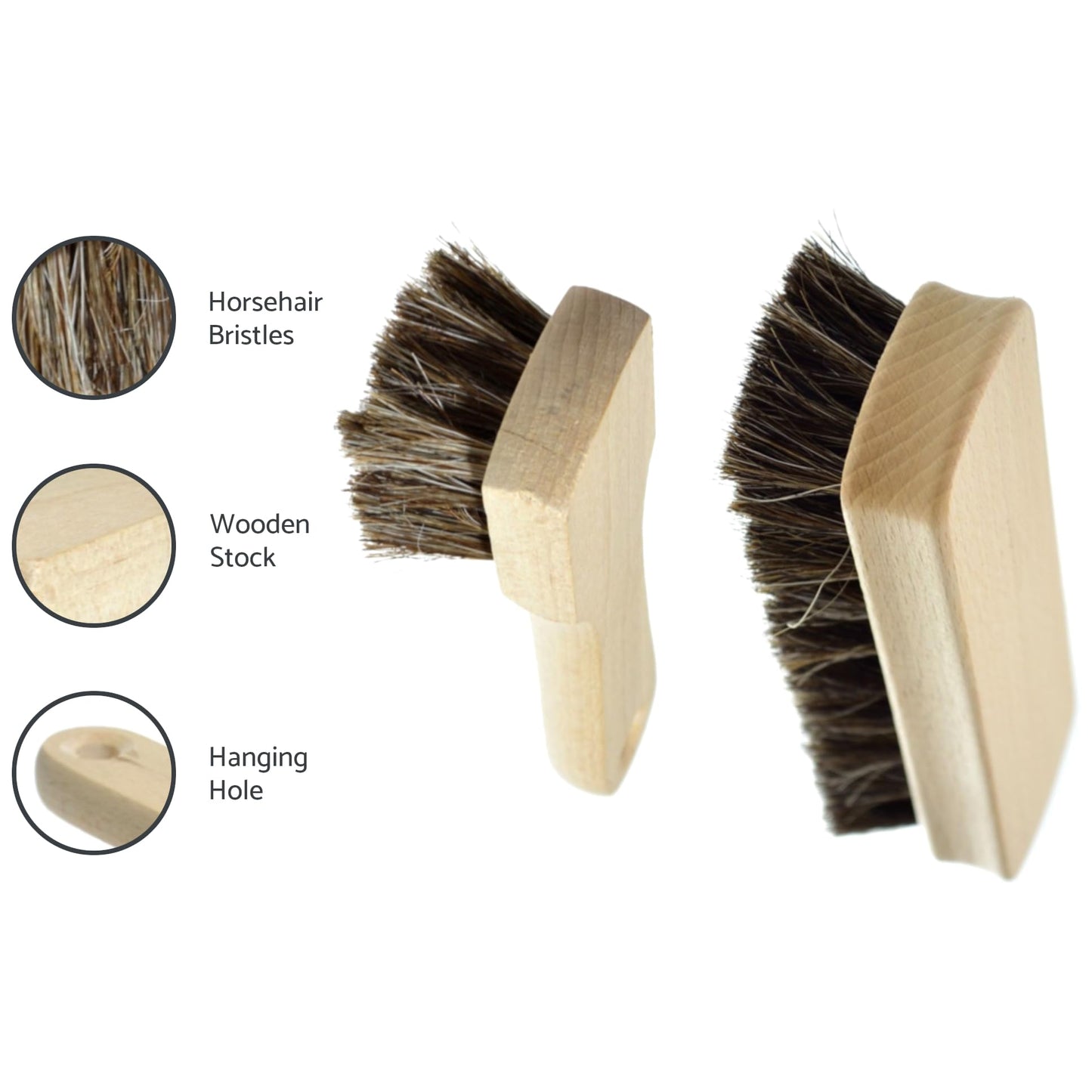 Set of Shoe Polish Applicator Brush & Shoe Buffing Brush - 100% Horsehair Bristles for Leather Boots, Shoes & Bags - Easy Grip