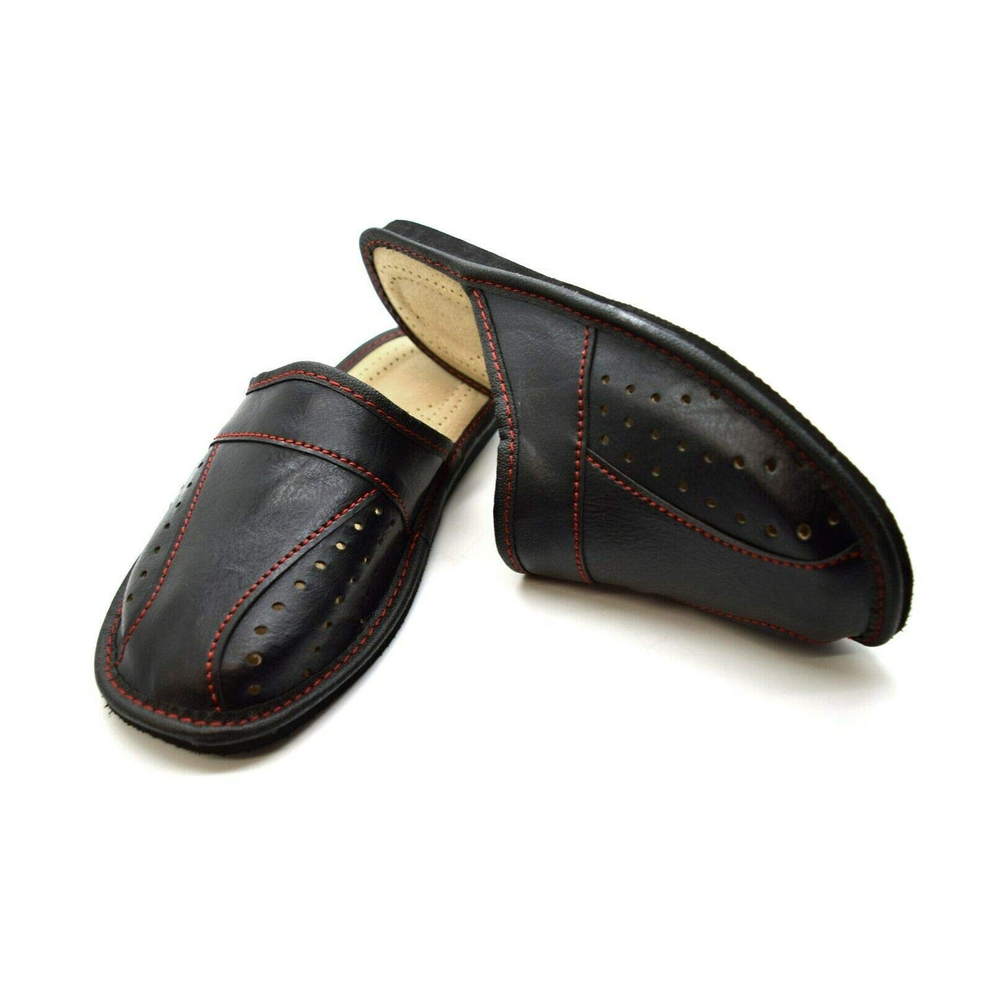 Men's Leather Slippers Shoes Comfort Sandals Slip On Mules Black (Size UK 6)
