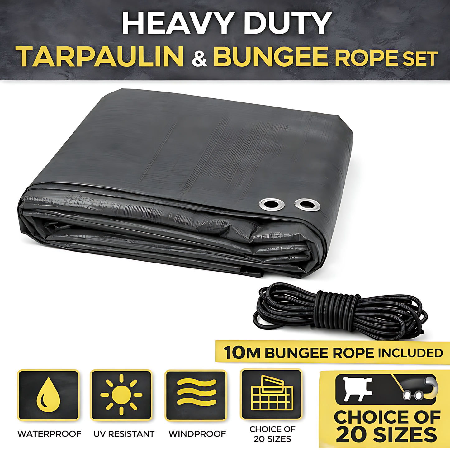 Graphite Grey Heavy Duty Tarpaulin 6 x 10 m 200 GSM Waterproof UV Resistant Poly Tarp, Eyelets, Reinforced Rope Edge, 10m Bungee