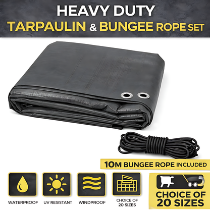 Graphite Grey Heavy Duty Tarpaulin 6 x 10 m 200 GSM Waterproof UV Resistant Poly Tarp, Eyelets, Reinforced Rope Edge, 10m Bungee