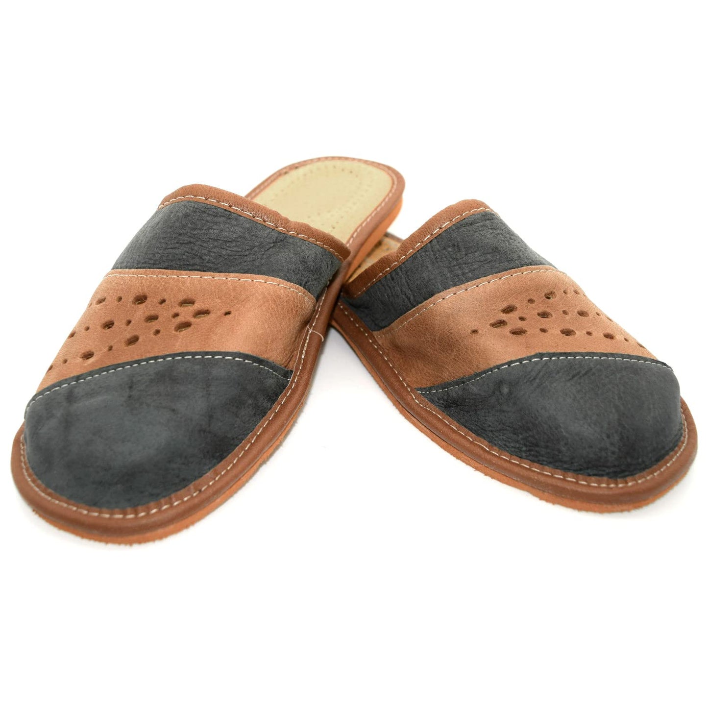 Men's Eco Leather Slippers Shoes Comfort Sandals Slip On Mules Graphite and Brown (Size UK 7 / EU 41)