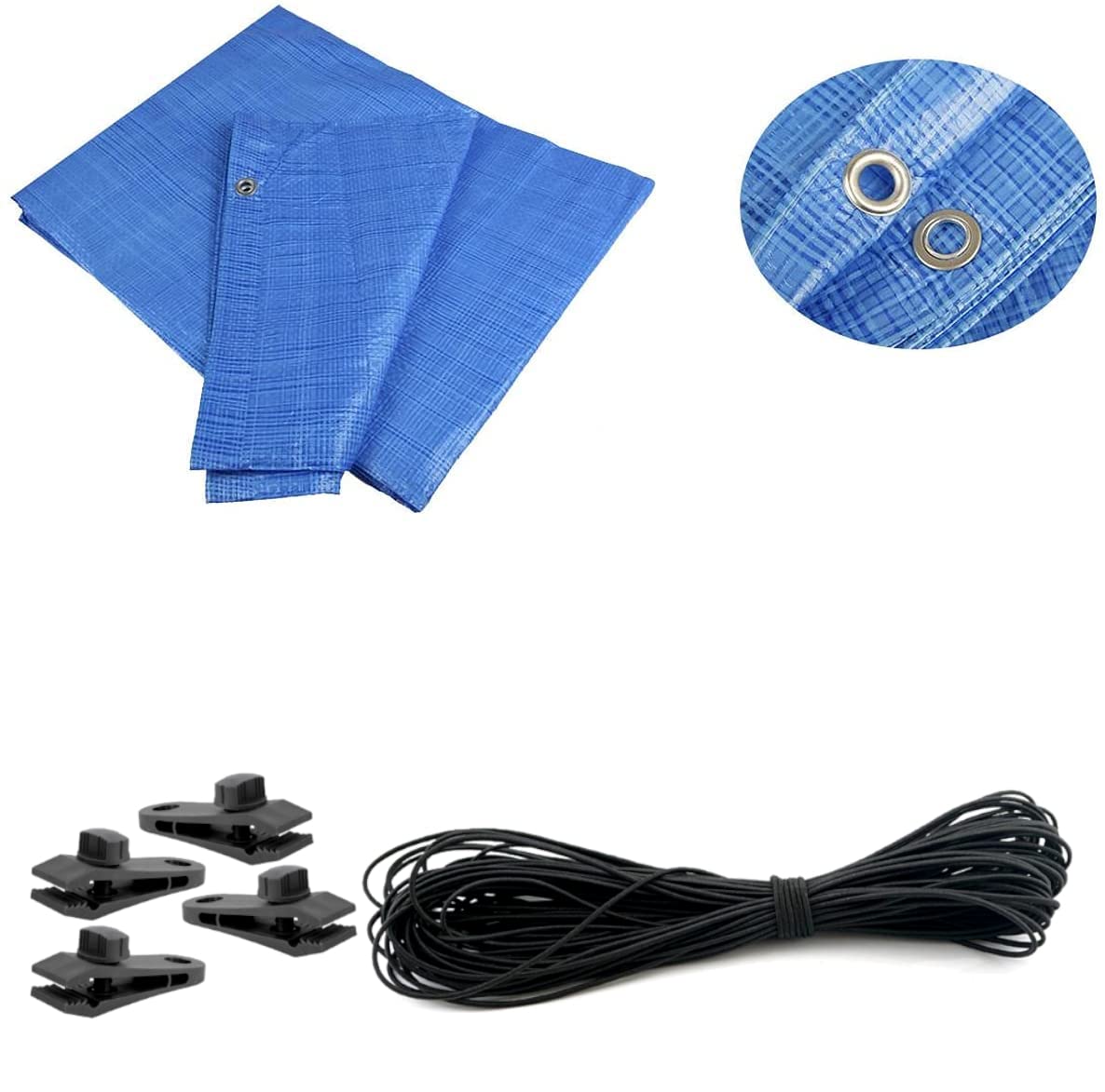 1.5 x 2 m Tarpaulin Waterproof Cover Ground Sheet Camping with 4 Tarp Clips + 10m / 30ft Bungee Cord (Blue - 55GSM)