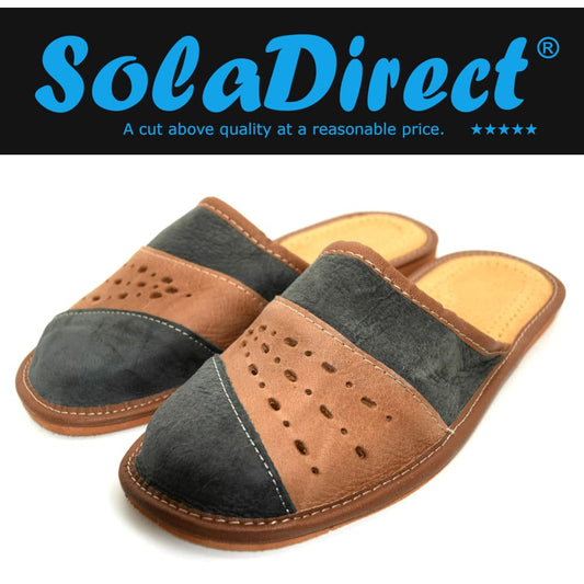 Men's Eco Leather Slippers Shoes Comfort Sandals Slip On Mules Graphite and Brown (Size UK 11 / EU 45)