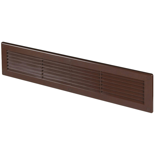 Brown Louvred Wall Vent Grille with Flyscreen and Screw Covers, 460 x 110 mm, Air Ventilation Duct Cover with Flat Back