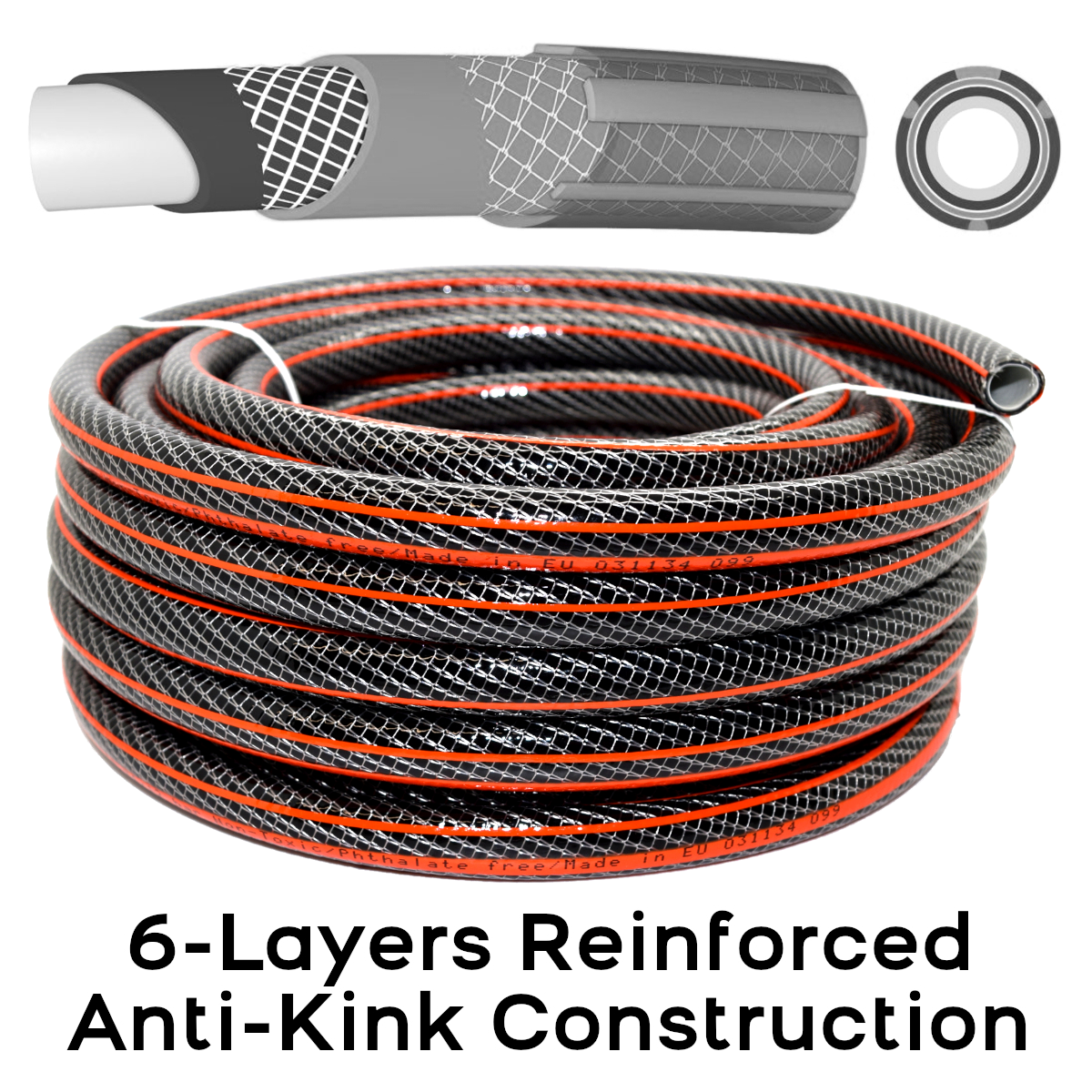 50 m / 164 ft Garden Hose Pipe - 1/2" Kink-Free 6-Layer Reinforced Non-Toxic Phthalate-Free PVC Hosepipe - Watering Tube - Black