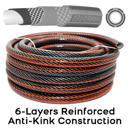 50 m / 164 ft Garden Hose Pipe - 1/2" Kink-Free 6-Layer Reinforced Non-Toxic Phthalate-Free PVC Hosepipe - Watering Tube - Black