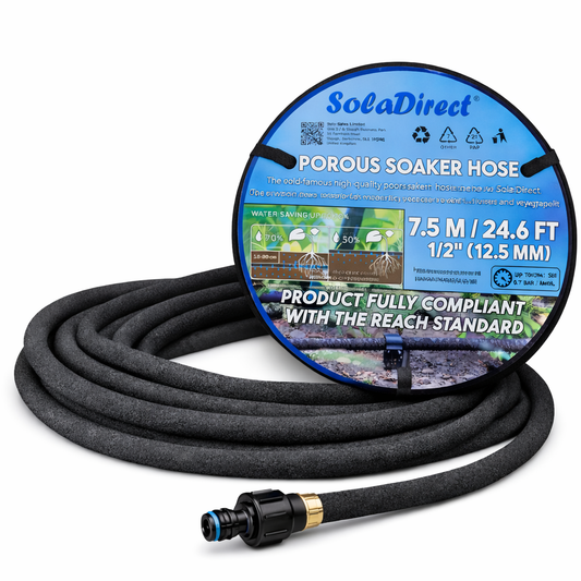 Soaker Hose, Porous Pipe, 7.5 m / 24.6 ft Long with Connectors, REACH Compliant, Water Saving up to 70%