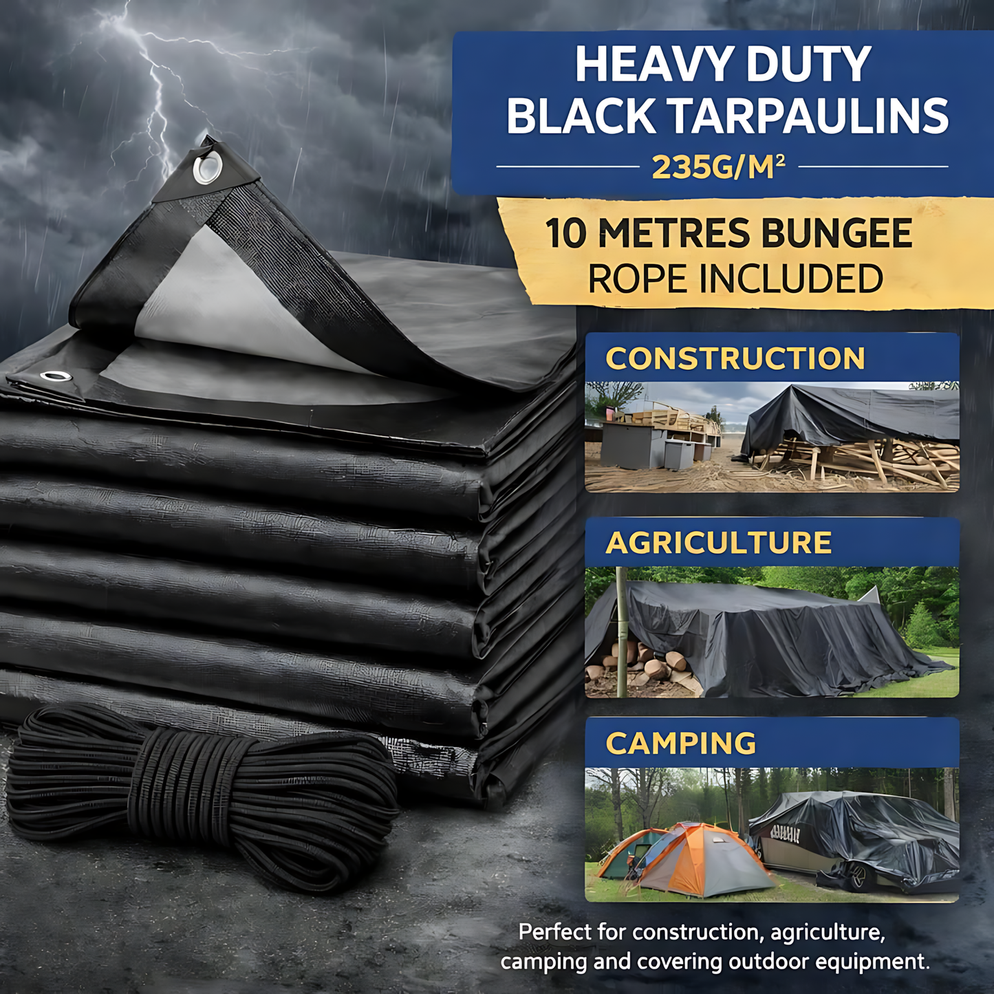 Heavy Duty Black Tarpaulin 4 x 5 m 235 GSM Waterproof UV Resistant Poly Tarp Sheet, Reinforced Edges & Eyelets, 10m Bungee