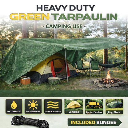 Green Tarpaulin 8 x 8 m 90 GSM Waterproof UV Resistant PE Tarp Sheet, Aluminium Eyelets, Reinforced Edges, 10m Bungee