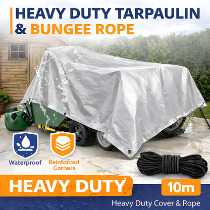 Heavy Duty Silver Tarpaulin 8 x 8 m 260 GSM Waterproof Weather Resistant Poly Tarp, Reinforced Edges & Eyelets, 10m Bungee