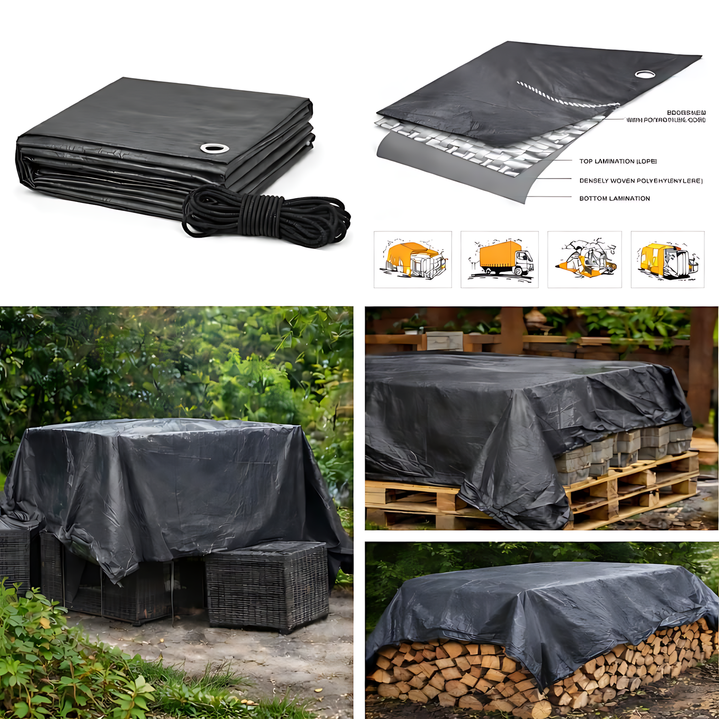 Graphite Grey Heavy Duty Tarpaulin 8 x 10 m 200 GSM Waterproof UV Resistant Poly Tarp, Eyelets, Reinforced Rope Edge, 10m Bungee