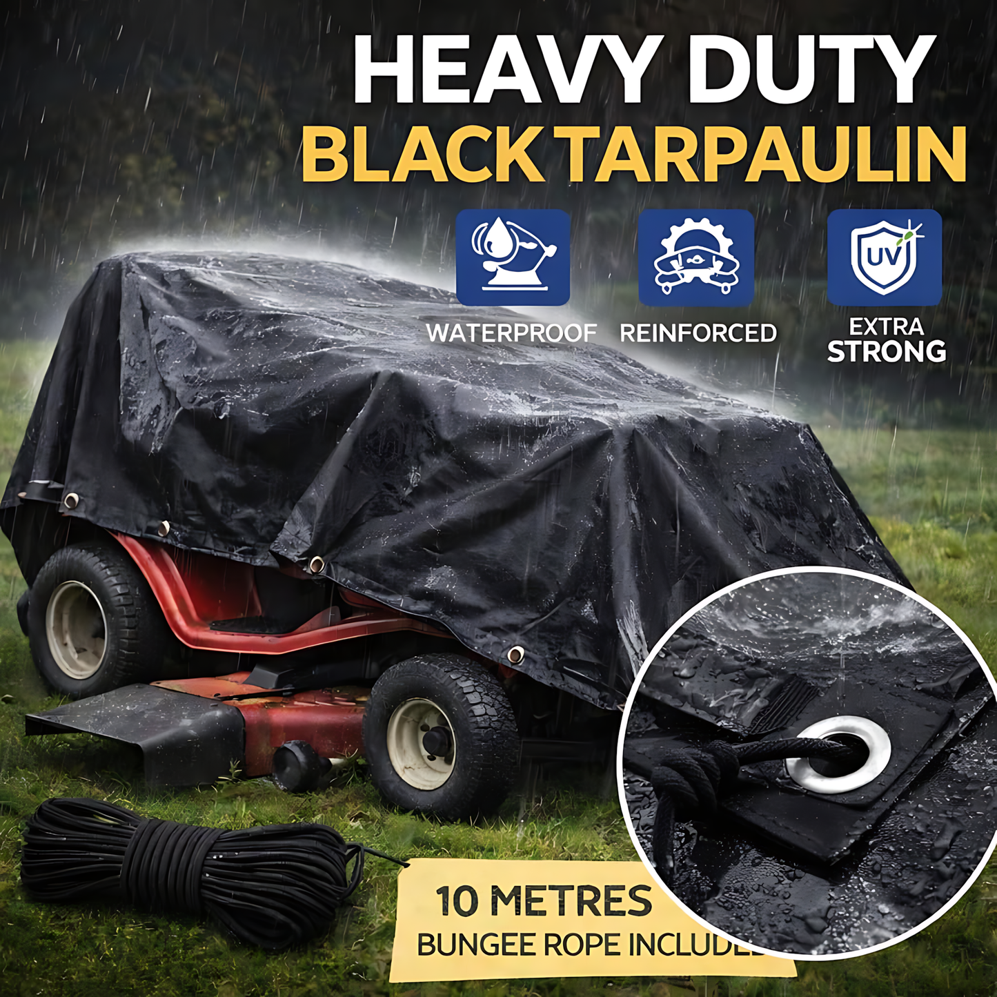 Heavy Duty Black Tarpaulin 2 x 3 m 235 GSM Waterproof UV Resistant Poly Tarp Sheet, Reinforced Edges & Eyelets, 10m Bungee