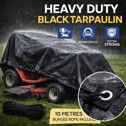 Heavy Duty Black Tarpaulin 6 x 8 m 235 GSM Waterproof UV Resistant Poly Tarp Sheet, Reinforced Edges & Eyelets, 10m Bungee
