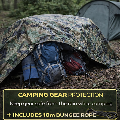 Camouflage Tarpaulin 5 x 8 m 85 GSM Waterproof UV Resistant PE Tarp Sheet, Aluminium Eyelets, Reinforced Edges, 10m Bungee