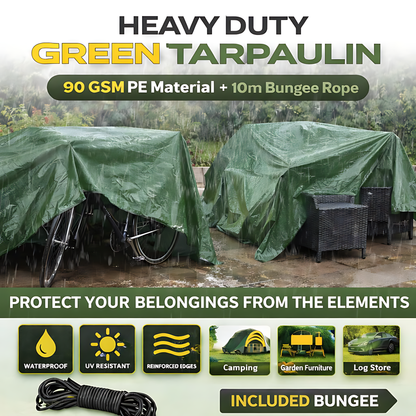 Green Tarpaulin 8 x 10 m 90 GSM Waterproof UV Resistant PE Tarp Sheet, Aluminium Eyelets, Reinforced Edges, 10m Bungee